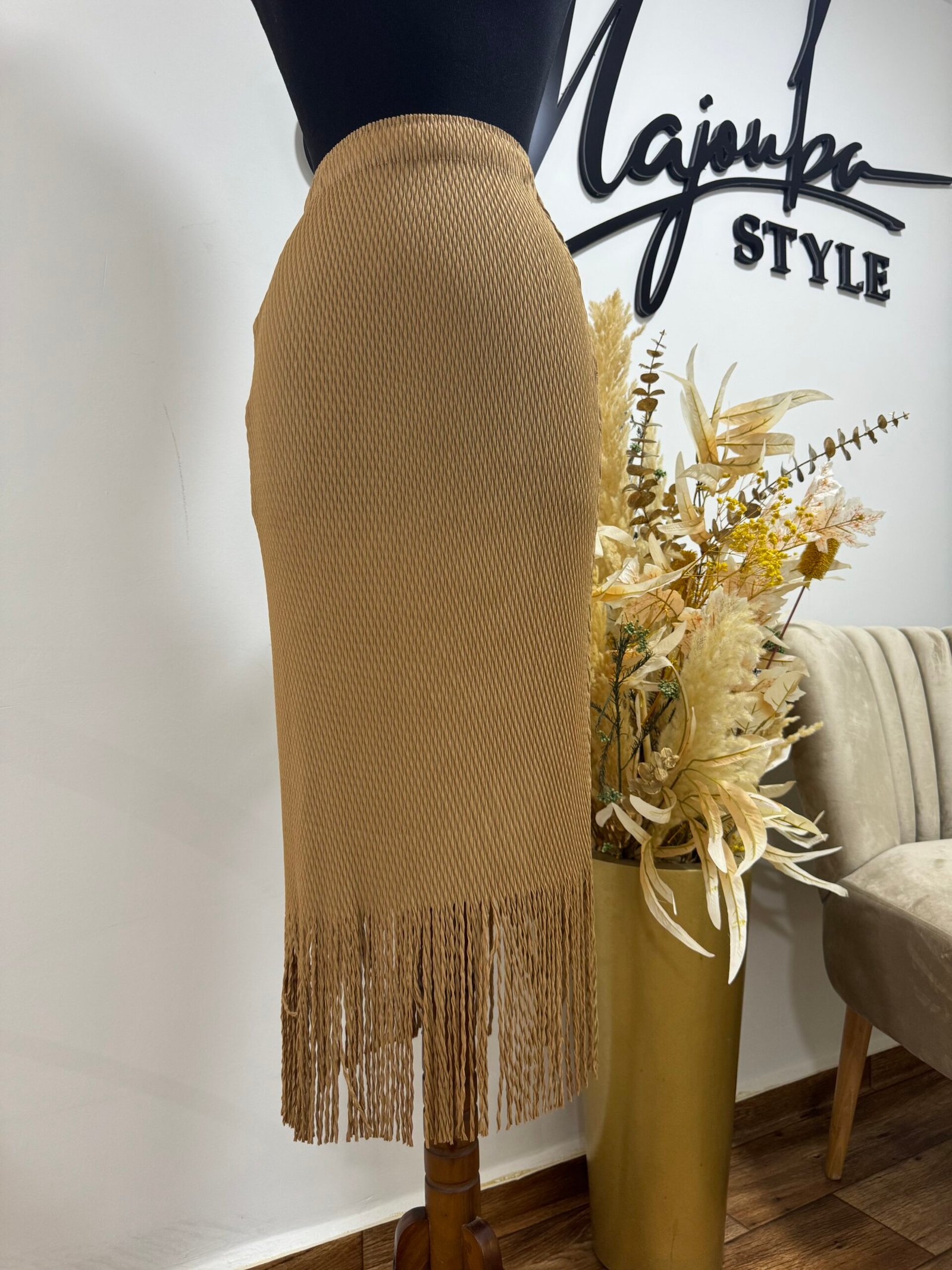 Jupe Camel Texturée à Franges – Image 2